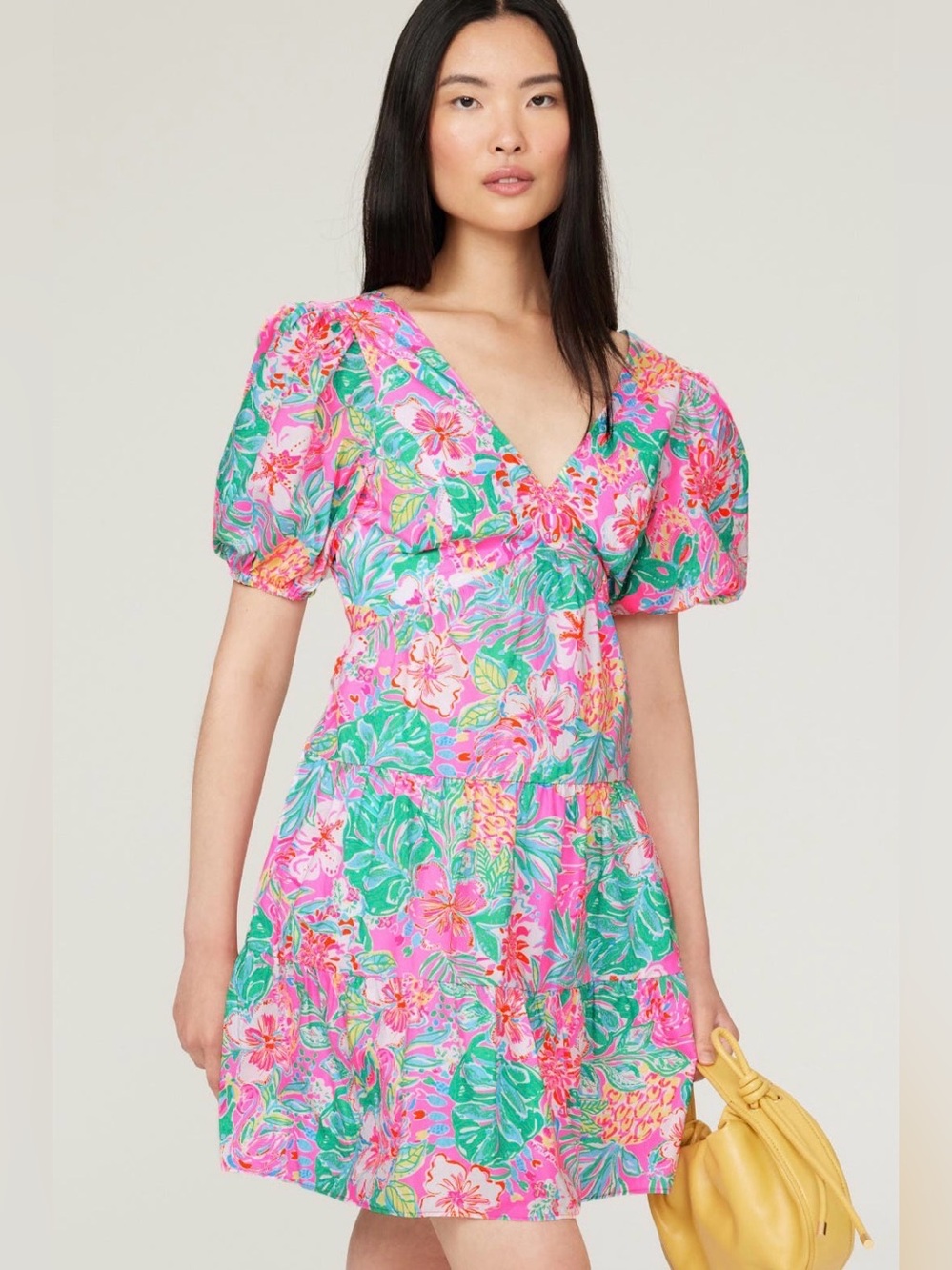 Lilly Pulitzer Pink & Green Nalani Floral V-Neck Puff Sleeve Mini Dress